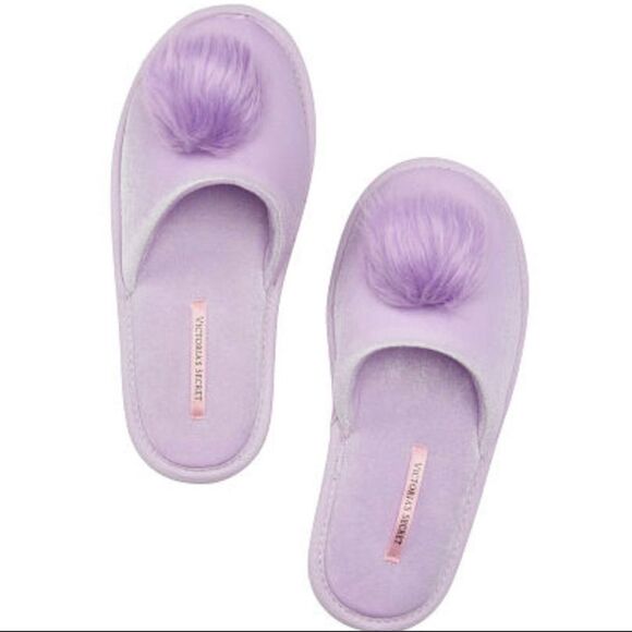 Victoria's Secret Pom Pom Lavender Lilac Slippers - Picture 1 of 8